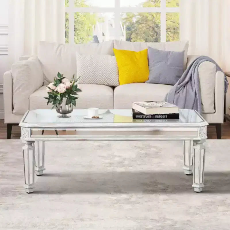 Silver Mirrored Coffee Table, Vintage Carved Elements, Rectangle Glass Tea Table with Mirrored Finish, Modern Center Table for Living Room and Office