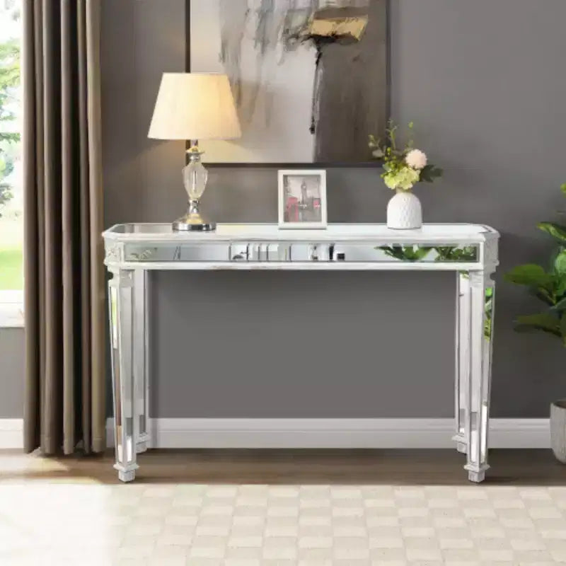 Mesa de centro rectangular con espejo plateado – Base de pedestal, tallado vintage, tapa de cristal