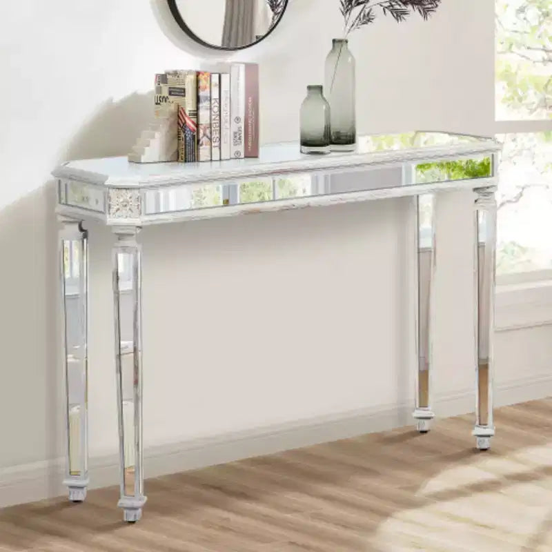 Mesa de centro rectangular con espejo plateado – Base de pedestal, tallado vintage, tapa de cristal