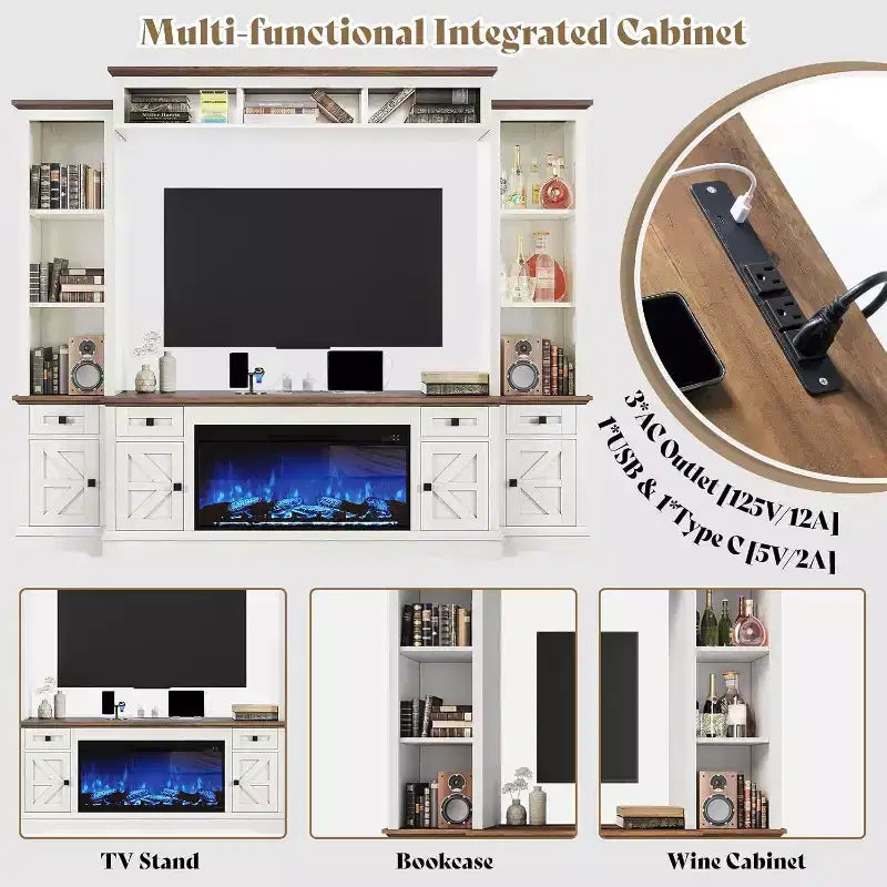 Mueble de TV estilo rústico en gris y blanco con chimenea, apto para televisores de hasta 78 pulgadas