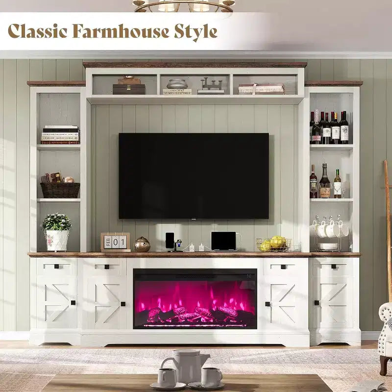 Mueble de TV estilo rústico en gris y blanco con chimenea, apto para televisores de hasta 78 pulgadas