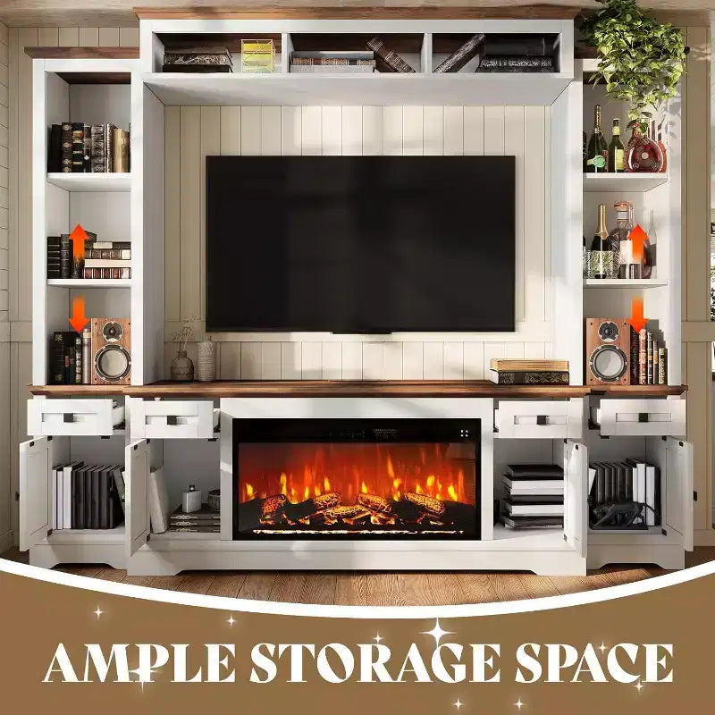 Mueble de TV estilo rústico en gris y blanco con chimenea, apto para televisores de hasta 78 pulgadas