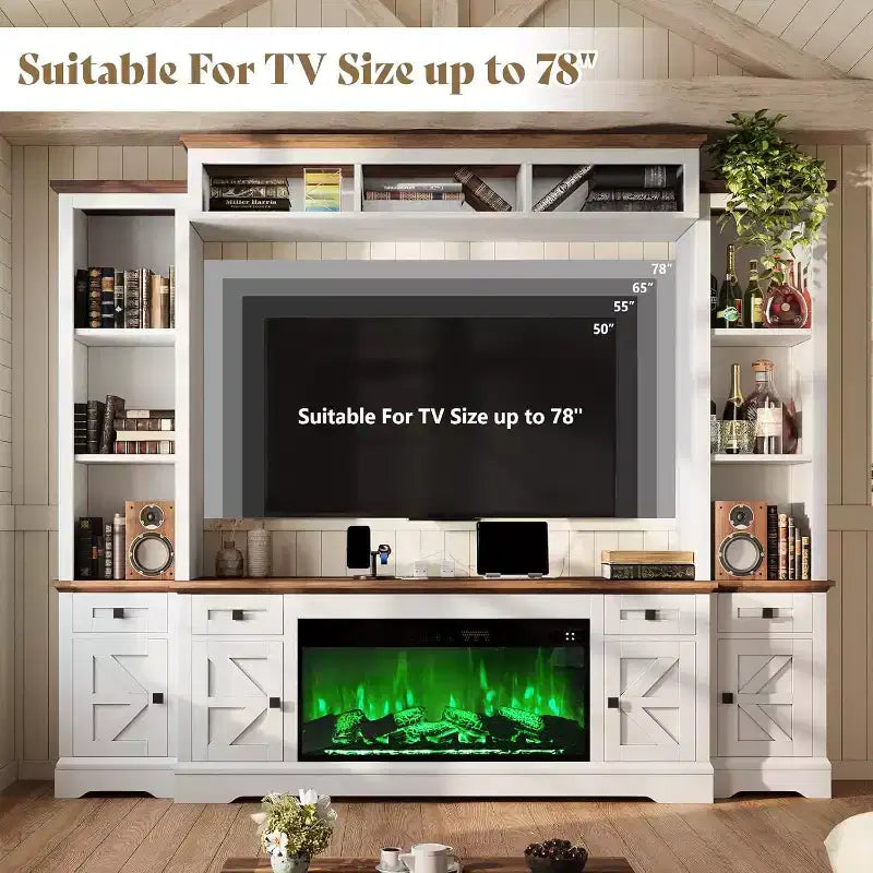 Mueble de TV estilo rústico en gris y blanco con chimenea, apto para televisores de hasta 78 pulgadas