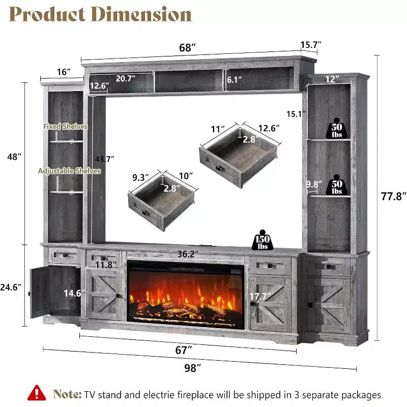 Mueble de TV estilo rústico en gris y blanco con chimenea, apto para televisores de hasta 78 pulgadas