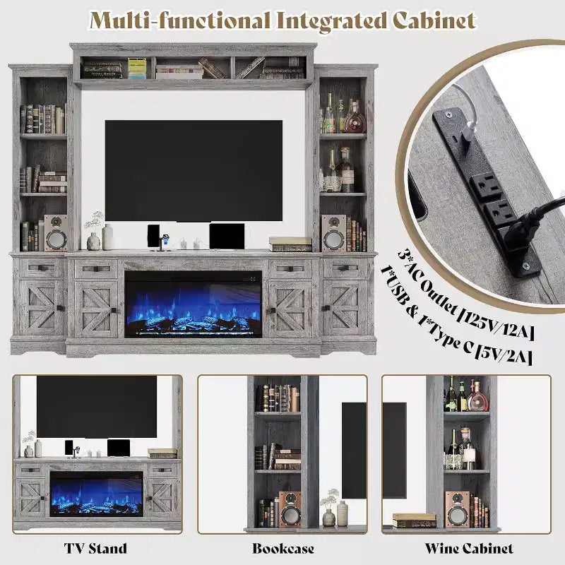 Mueble de TV estilo rústico en gris y blanco con chimenea, apto para televisores de hasta 78 pulgadas