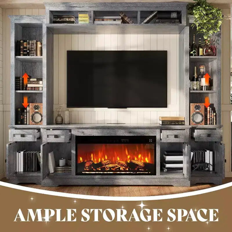 Mueble de TV estilo rústico en gris y blanco con chimenea, apto para televisores de hasta 78 pulgadas