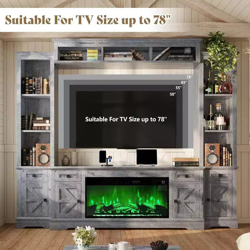 Mueble de TV estilo rústico en gris y blanco con chimenea, apto para televisores de hasta 78 pulgadas