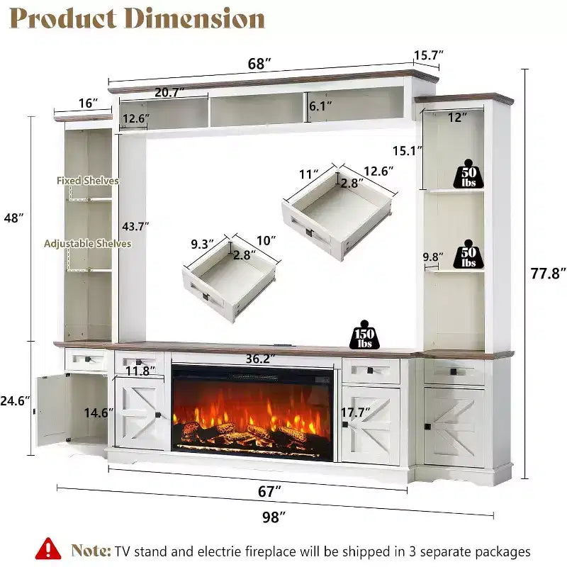 Mueble de TV estilo rústico en gris y blanco con chimenea, apto para televisores de hasta 78 pulgadas