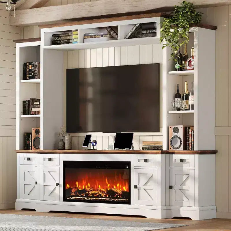 Mueble de TV estilo rústico en gris y blanco con chimenea, apto para televisores de hasta 78 pulgadas