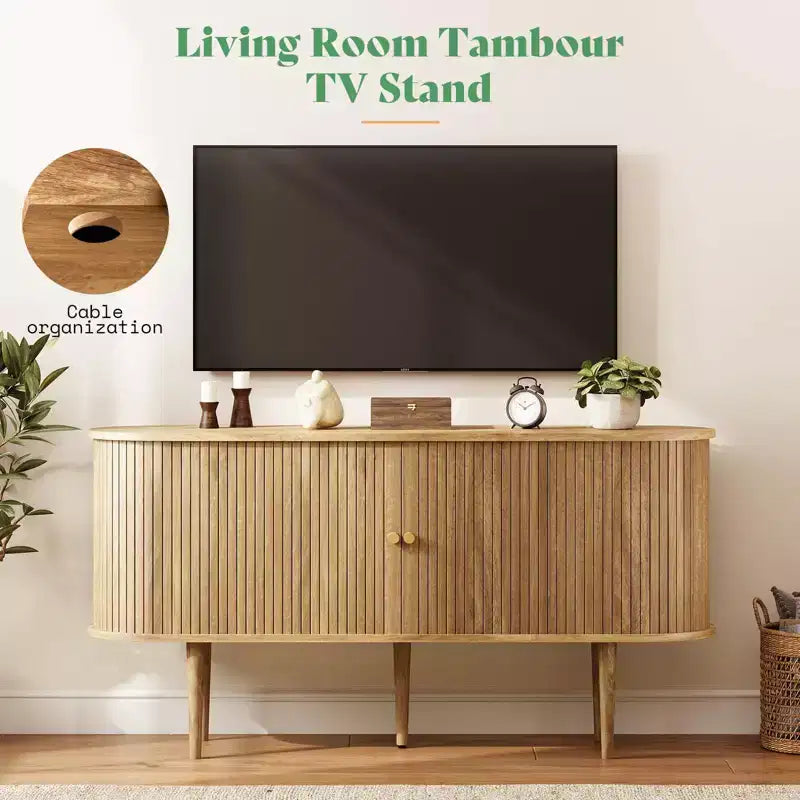 Mueble de TV de 55", Puerta de Tambor, Patas de Madera Maciza, Acabado Negro Repujado / Natural, Compatible hasta 80"