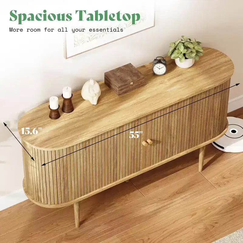 Mueble de TV de 55", Puerta de Tambor, Patas de Madera Maciza, Acabado Negro Repujado / Natural, Compatible hasta 80"