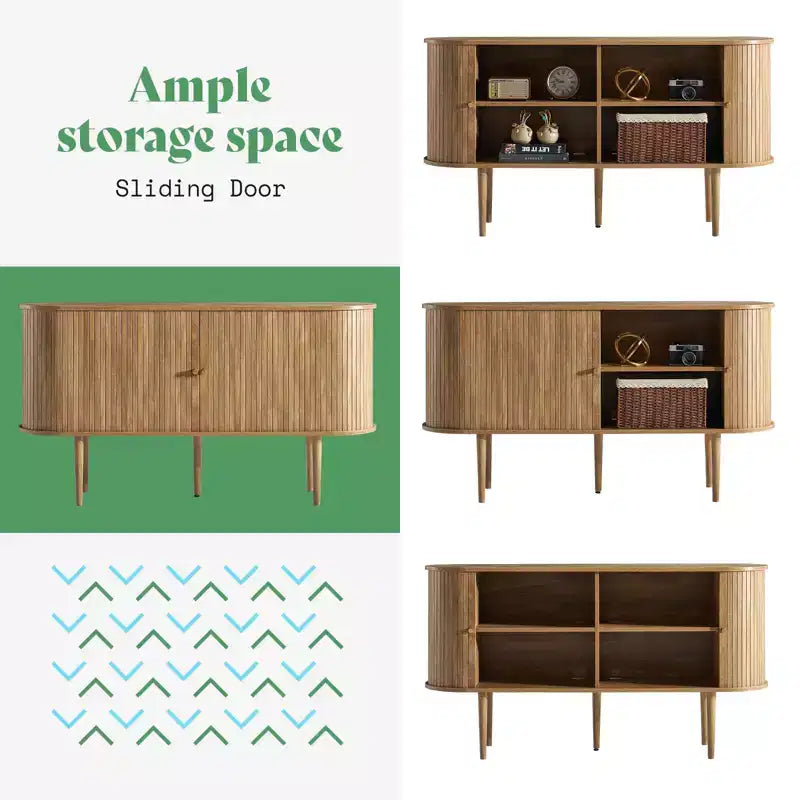 Mueble de TV de 55", Puerta de Tambor, Patas de Madera Maciza, Acabado Negro Repujado / Natural, Compatible hasta 80"