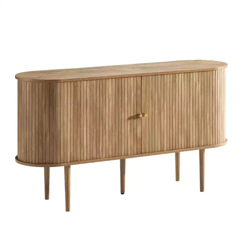 Mueble de TV de 55", Puerta de Tambor, Patas de Madera Maciza, Acabado Negro Repujado / Natural, Compatible hasta 80"