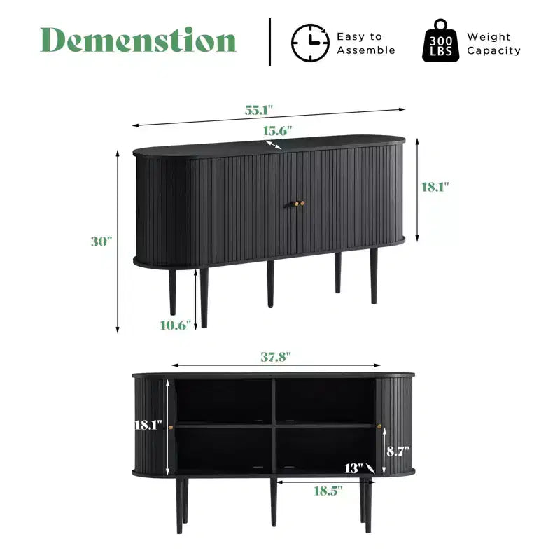 Mueble de TV de 55", Puerta de Tambor, Patas de Madera Maciza, Acabado Negro Repujado / Natural, Compatible hasta 80"