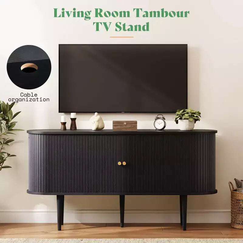 Mueble de TV de 55", Puerta de Tambor, Patas de Madera Maciza, Acabado Negro Repujado / Natural, Compatible hasta 80"