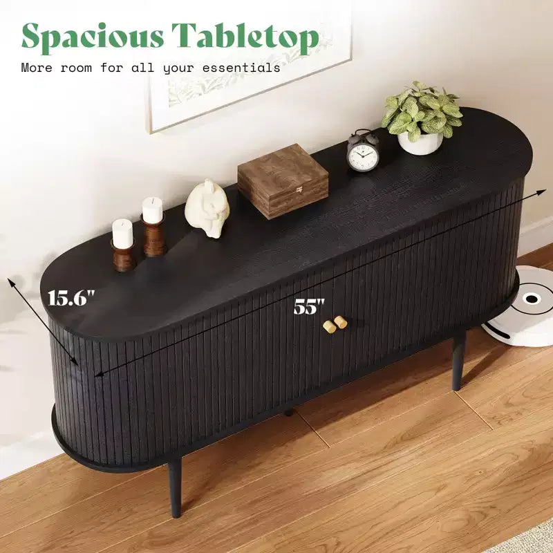 Mueble de TV de 55", Puerta de Tambor, Patas de Madera Maciza, Acabado Negro Repujado / Natural, Compatible hasta 80"