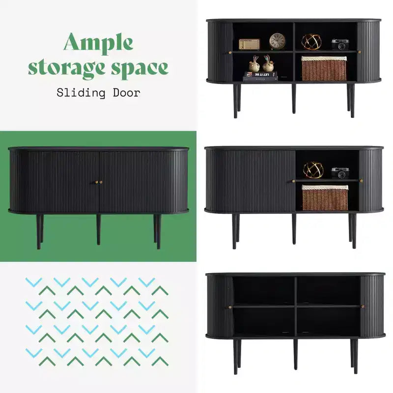 Mueble de TV de 55", Puerta de Tambor, Patas de Madera Maciza, Acabado Negro Repujado / Natural, Compatible hasta 80"