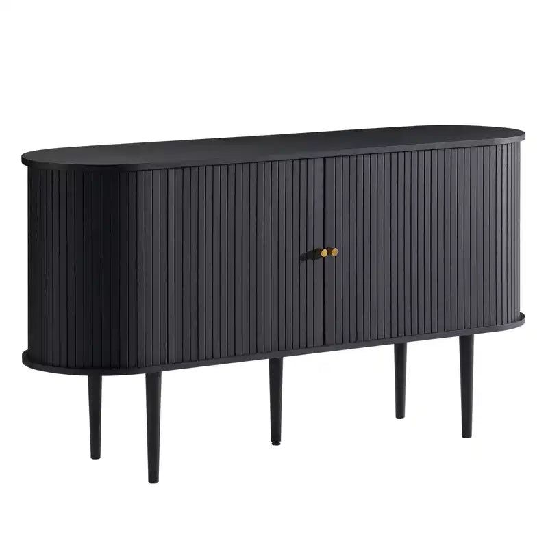 Mueble de TV de 55", Puerta de Tambor, Patas de Madera Maciza, Acabado Negro Repujado / Natural, Compatible hasta 80"