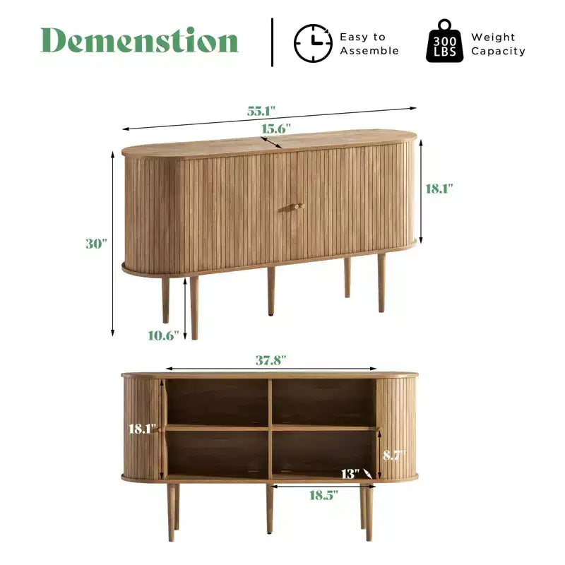 Mueble de TV de 55", Puerta de Tambor, Patas de Madera Maciza, Acabado Negro Repujado / Natural, Compatible hasta 80"