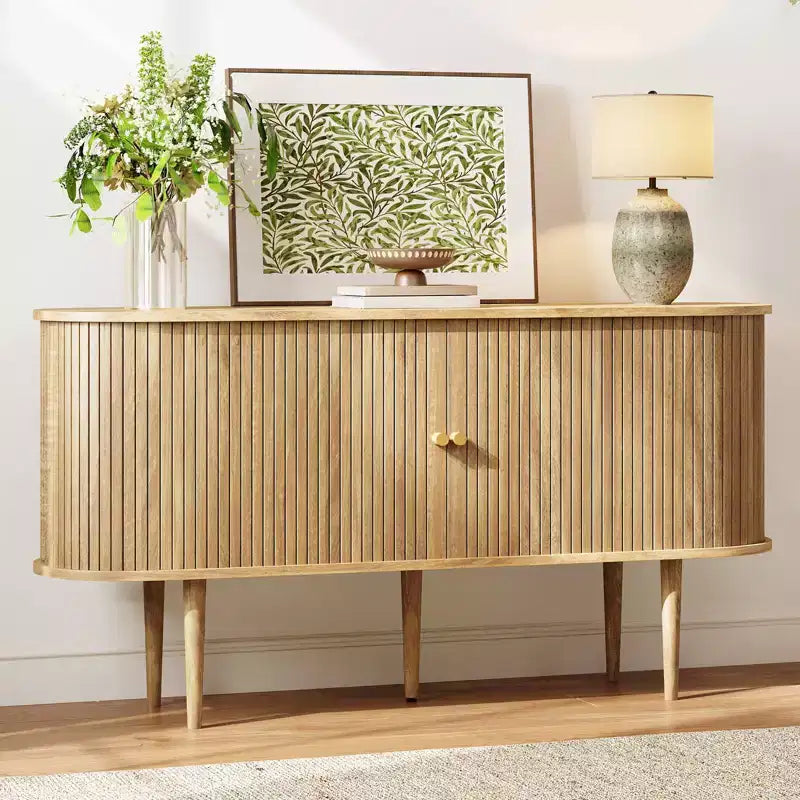 Mueble de TV de 55", Puerta de Tambor, Patas de Madera Maciza, Acabado Negro Repujado / Natural, Compatible hasta 80"