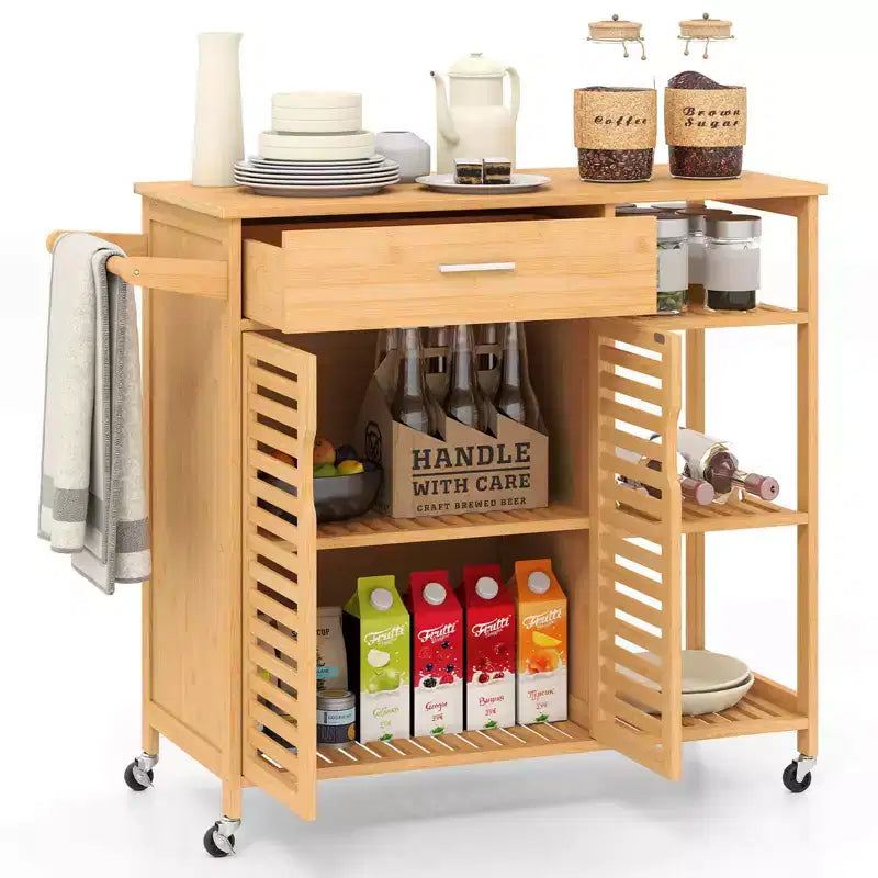 Carro de Cocina de Bambú Natural con Cajón, Armario y Ruedas con Bloqueo (Requiere Montaje por 1 Persona)
