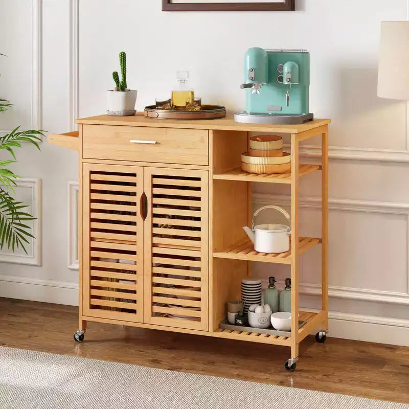 Carro de Cocina de Bambú Natural con Cajón, Armario y Ruedas con Bloqueo (Requiere Montaje por 1 Persona)