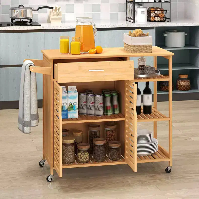 Carro de Cocina de Bambú Natural con Cajón, Armario y Ruedas con Bloqueo (Requiere Montaje por 1 Persona)