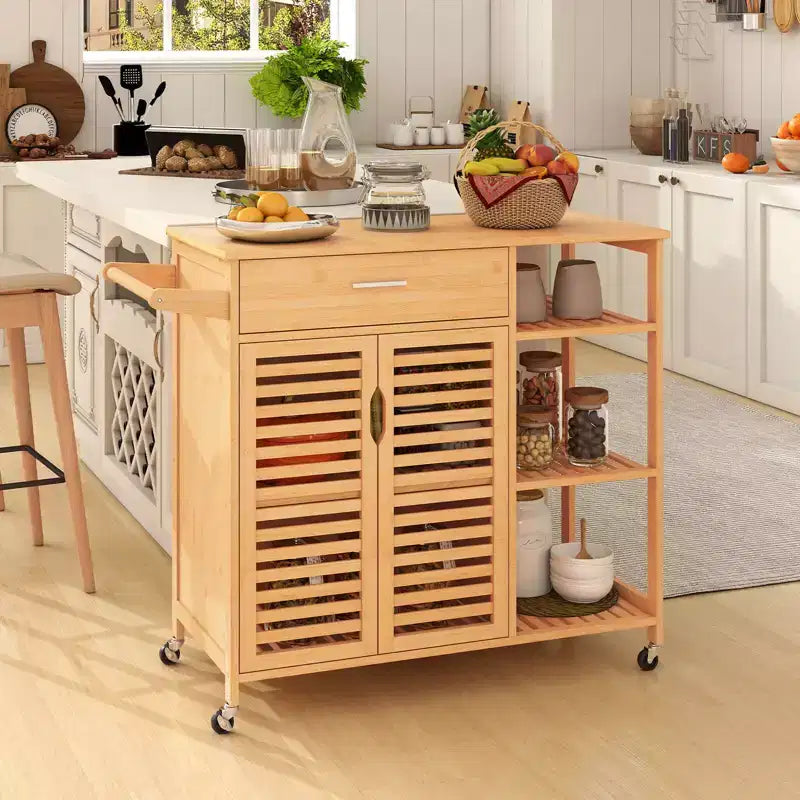 Carro de Cocina de Bambú Natural con Cajón, Armario y Ruedas con Bloqueo (Requiere Montaje por 1 Persona)