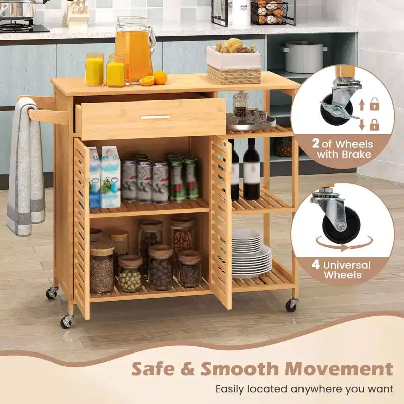 Carro de Cocina de Bambú Natural con Cajón, Armario y Ruedas con Bloqueo (Requiere Montaje por 1 Persona)
