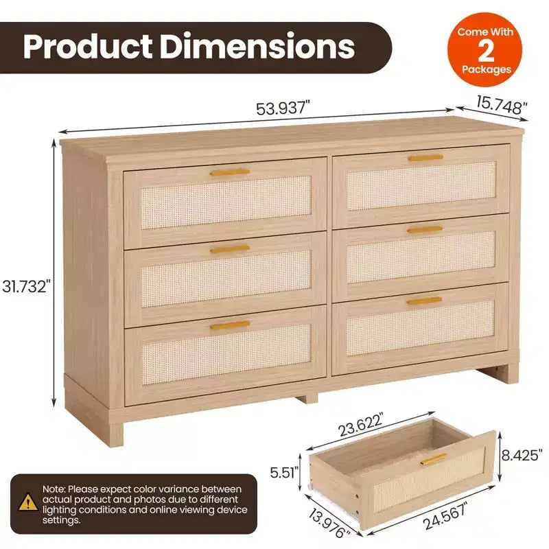 Cómoda de 8 cajones con frontal de ratán tono madera natural