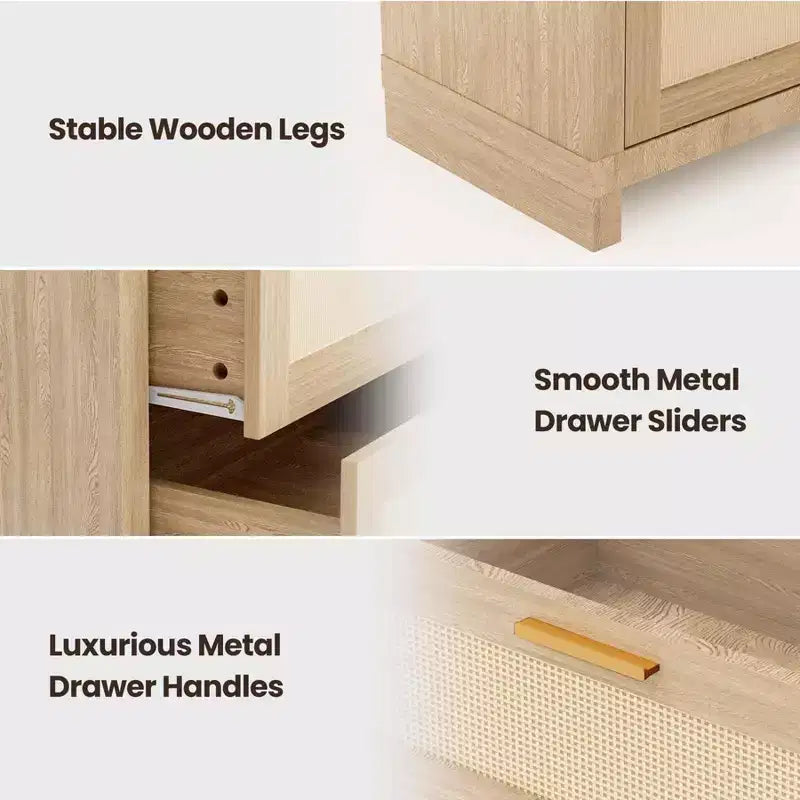 Cómoda de 8 cajones con frontal de ratán tono madera natural