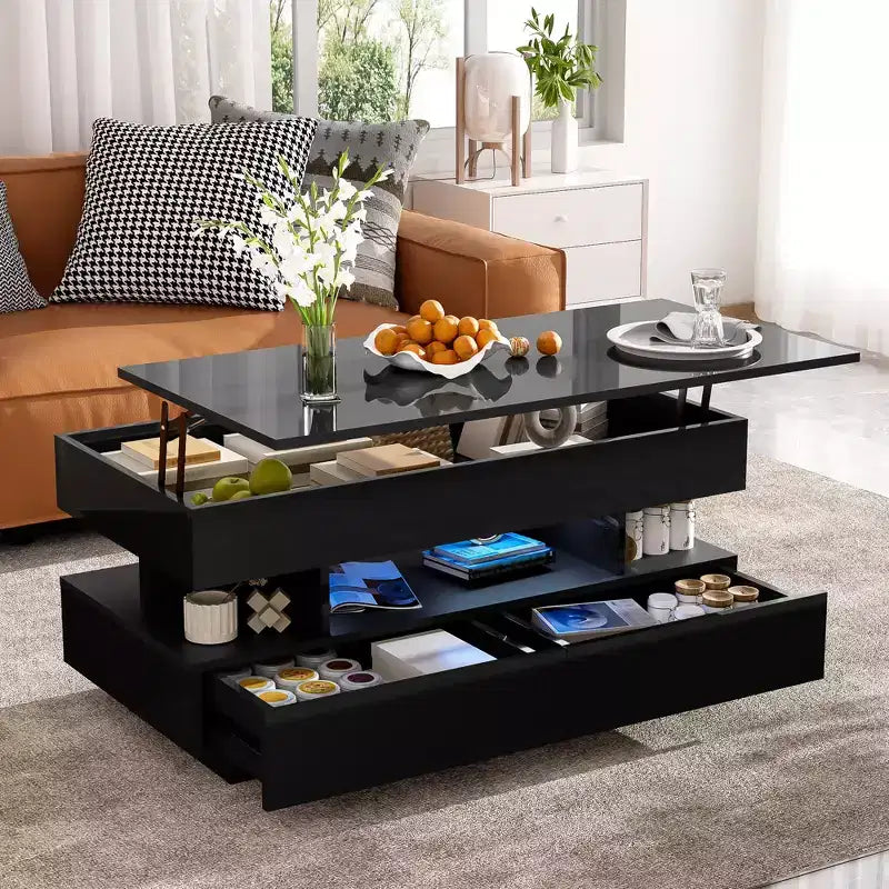 Mesa de centro elevable blanca/negra con 2 cajones y LED, 100 cm de ancho