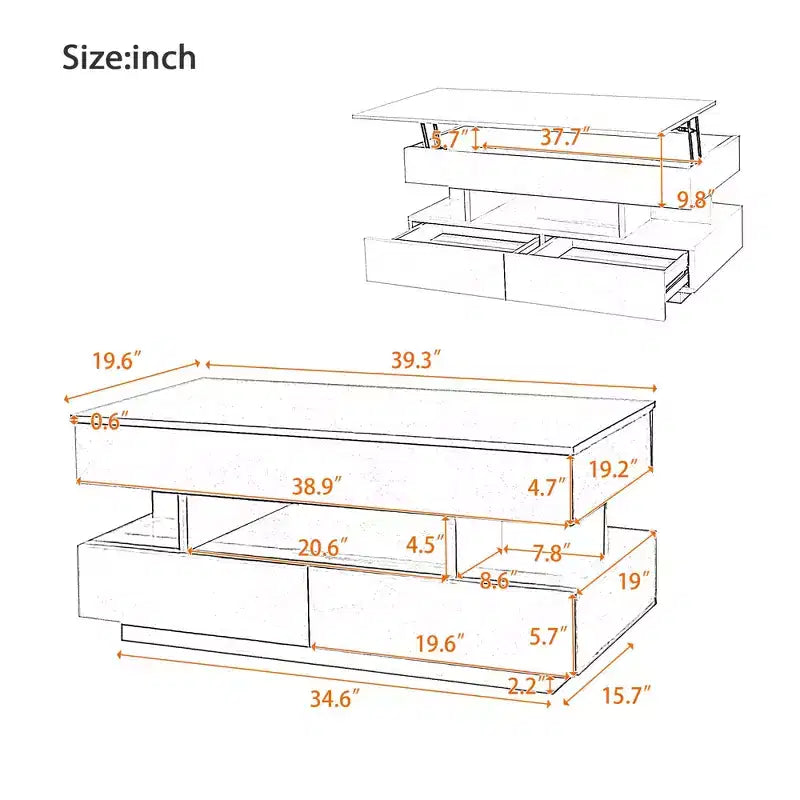 Mesa de centro elevable blanca/negra con 2 cajones y LED, 100 cm de ancho