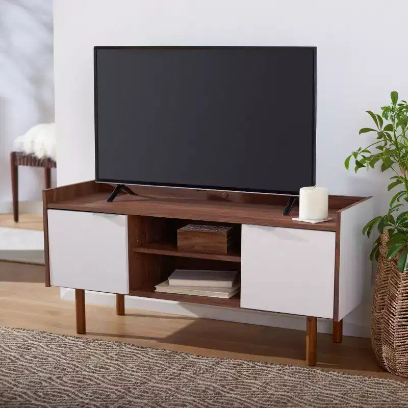 Mueble para TV y multimedia de 2 puertas y 2 estantes, Nogal/Blanco y Negro – Capacidad para TV de hasta 50"