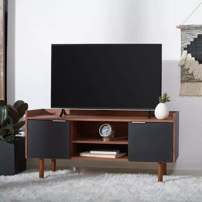 Mueble para TV y multimedia de 2 puertas y 2 estantes, Nogal/Blanco y Negro – Capacidad para TV de hasta 50"
