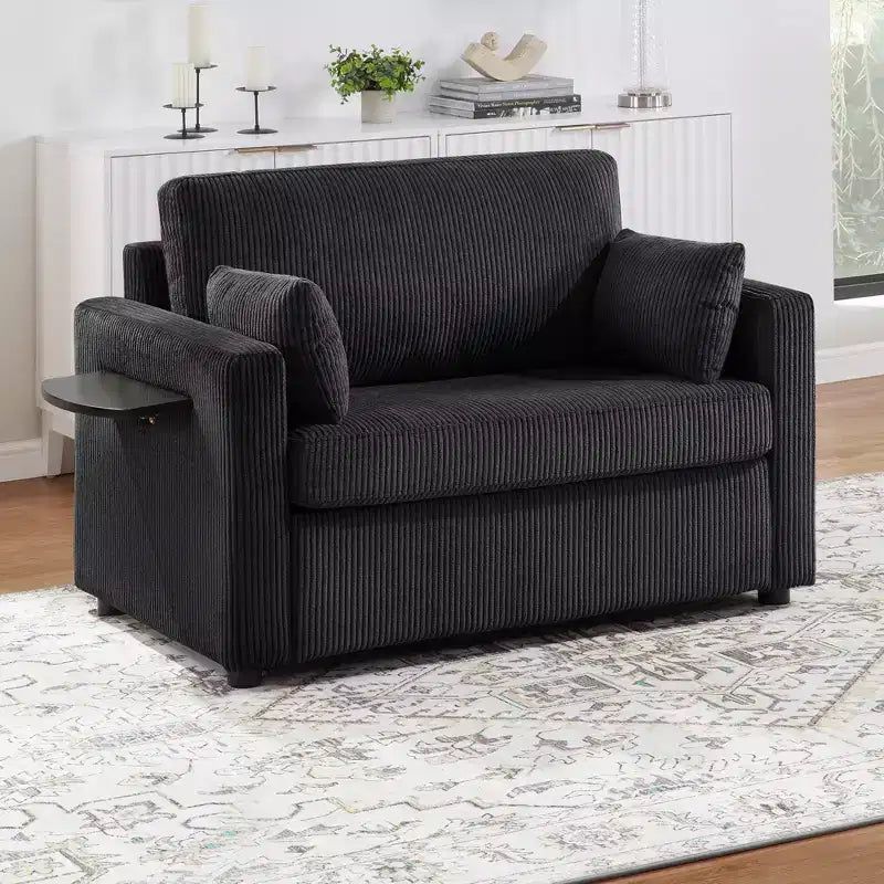 Sofá cama convertible de pana gris, 1 plaza, con mesa plegable y puertos USB