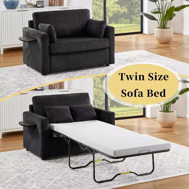 Sofá cama convertible de pana gris, 1 plaza, con mesa plegable y puertos USB