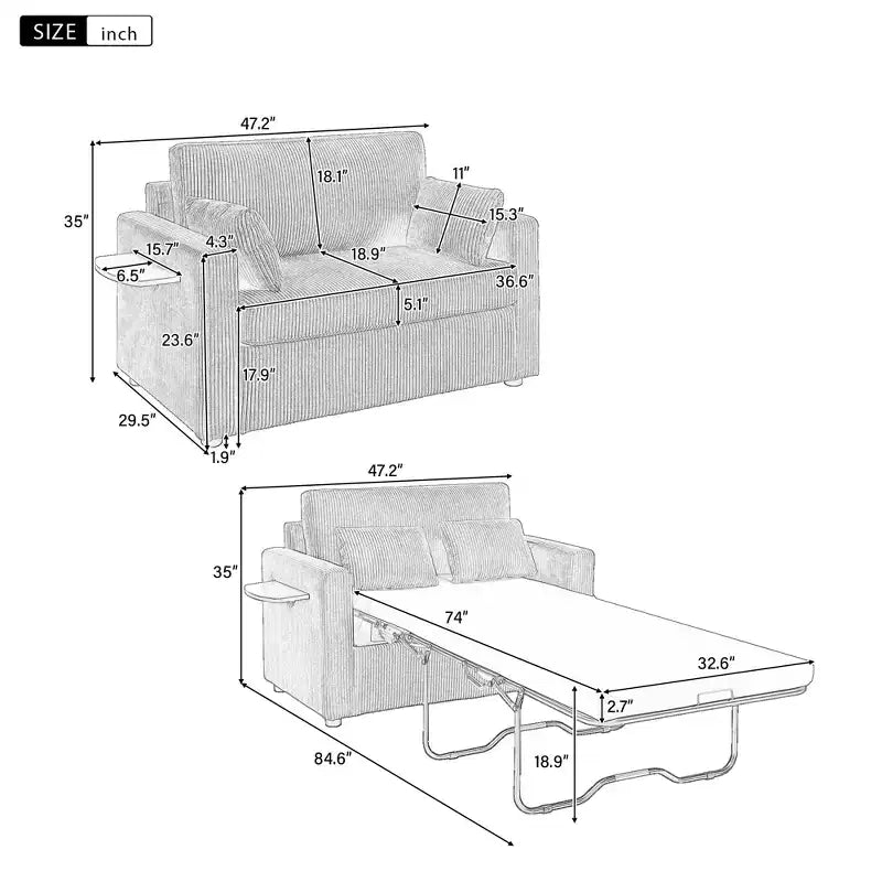 Sofá cama convertible de pana gris, 1 plaza, con mesa plegable y puertos USB