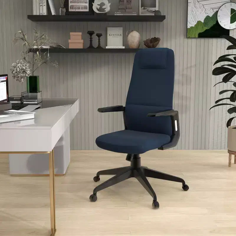 Silla de oficina giratoria de respaldo alto de cuero negro/azul/gris/blanco y poliéster gris, 1 persona