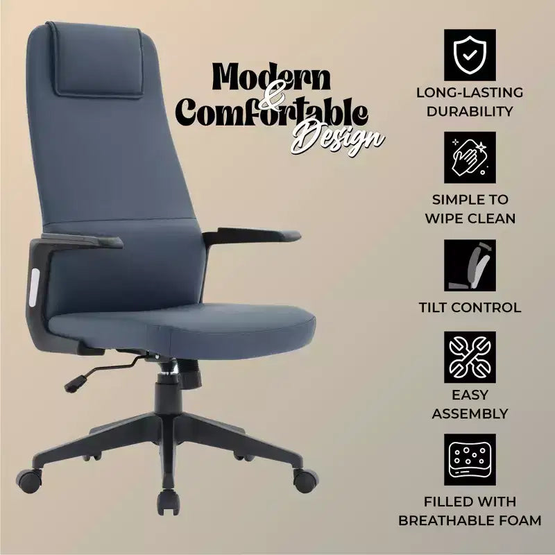 Silla de oficina giratoria de respaldo alto de cuero negro/azul/gris/blanco y poliéster gris, 1 persona
