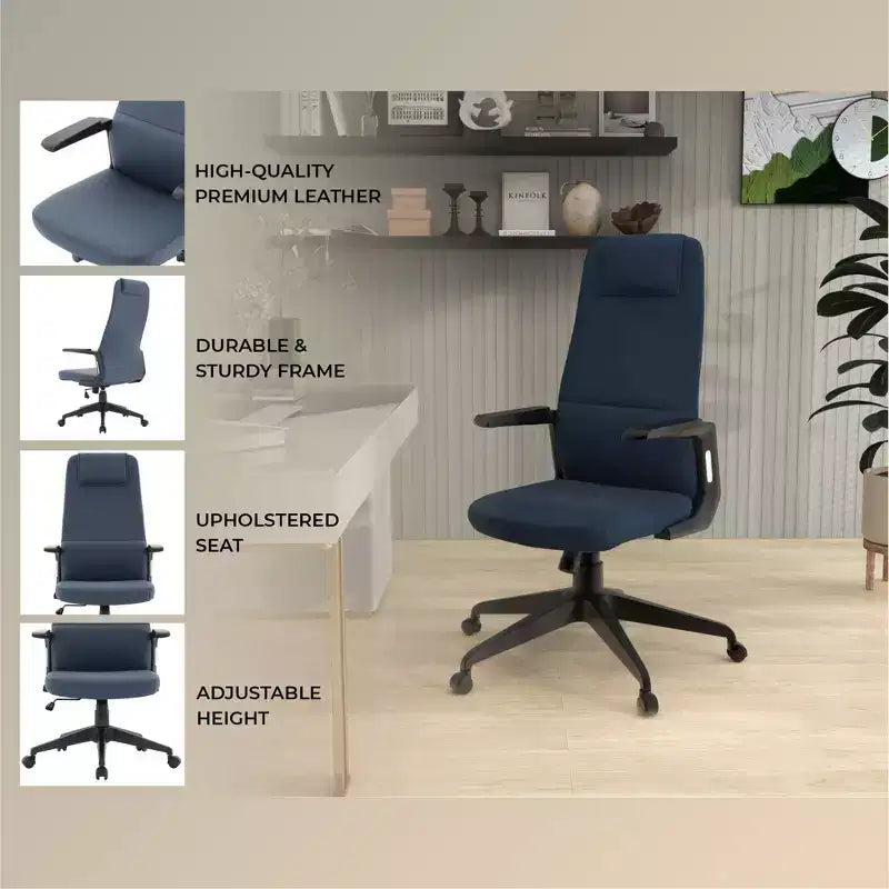 Silla de oficina giratoria de respaldo alto de cuero negro/azul/gris/blanco y poliéster gris, 1 persona