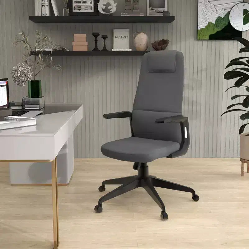 Silla de oficina giratoria de respaldo alto de cuero negro/azul/gris/blanco y poliéster gris, 1 persona