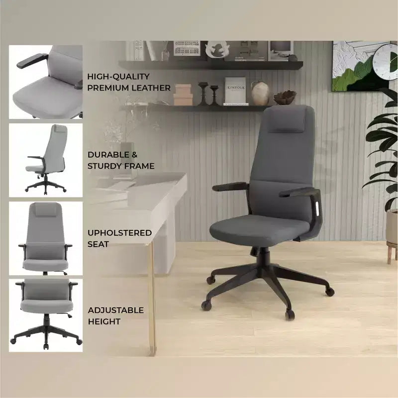 Silla de oficina giratoria de respaldo alto de cuero negro/azul/gris/blanco y poliéster gris, 1 persona
