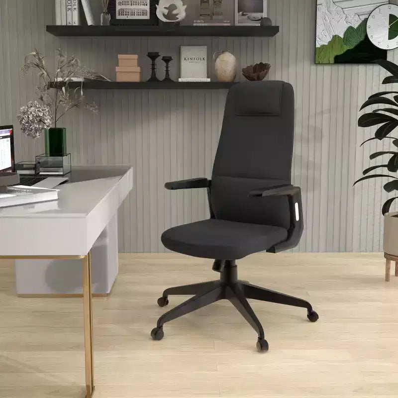 Silla de oficina giratoria de respaldo alto de cuero negro/azul/gris/blanco y poliéster gris, 1 persona