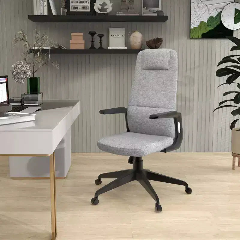 Silla de oficina giratoria de respaldo alto de cuero negro/azul/gris/blanco y poliéster gris, 1 persona