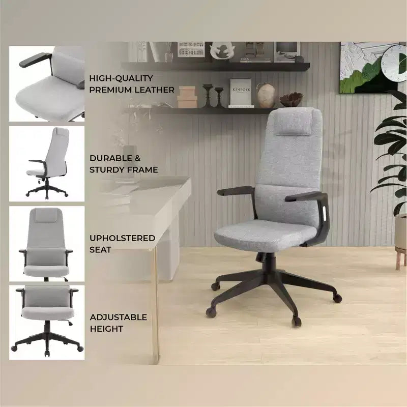 Silla de oficina giratoria de respaldo alto de cuero negro/azul/gris/blanco y poliéster gris, 1 persona