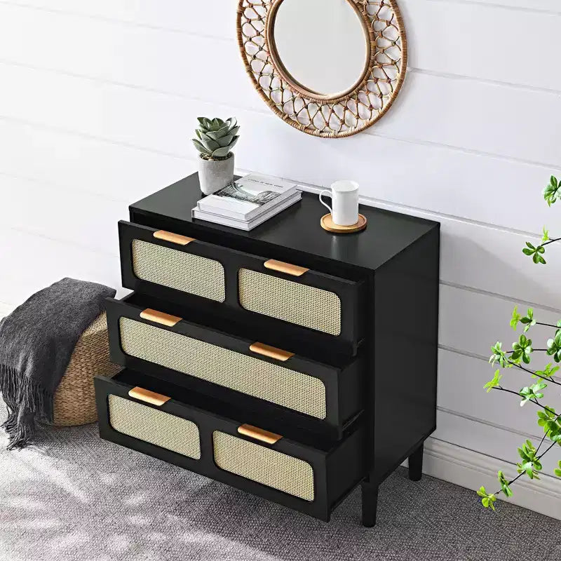 Cómoda de ratán y madera de 6 cajones, marrón, individual