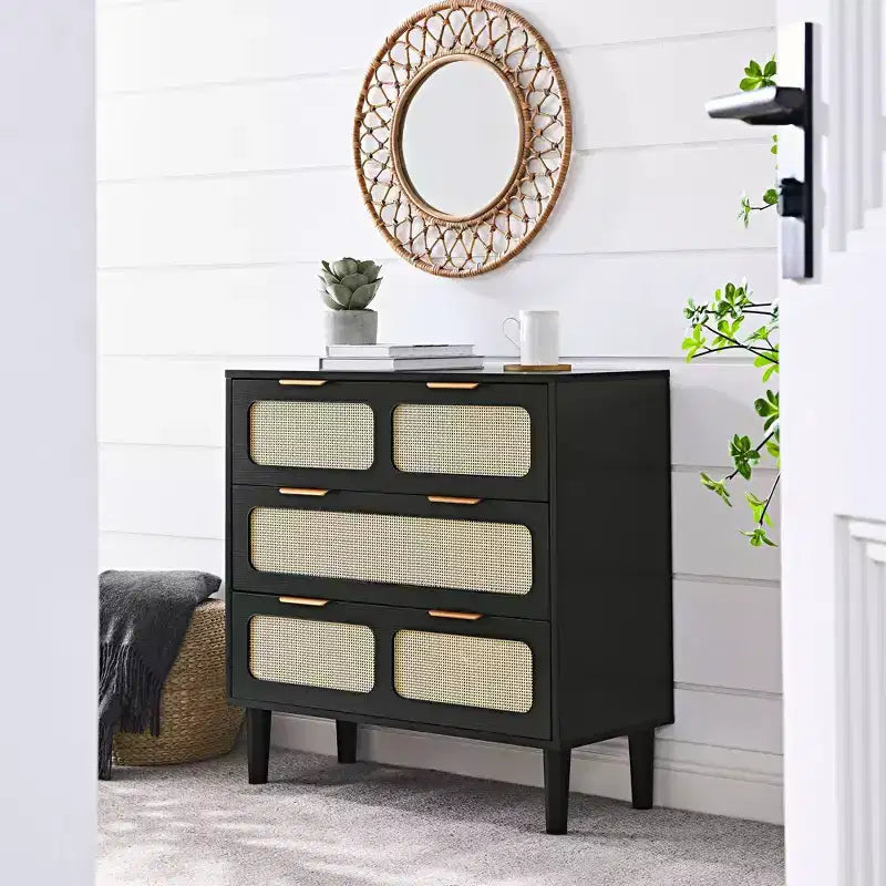 Cómoda de ratán y madera de 6 cajones, marrón, individual