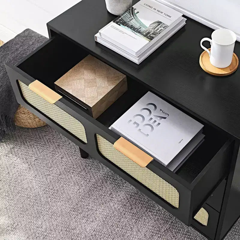 Cómoda de ratán y madera de 6 cajones, marrón, individual