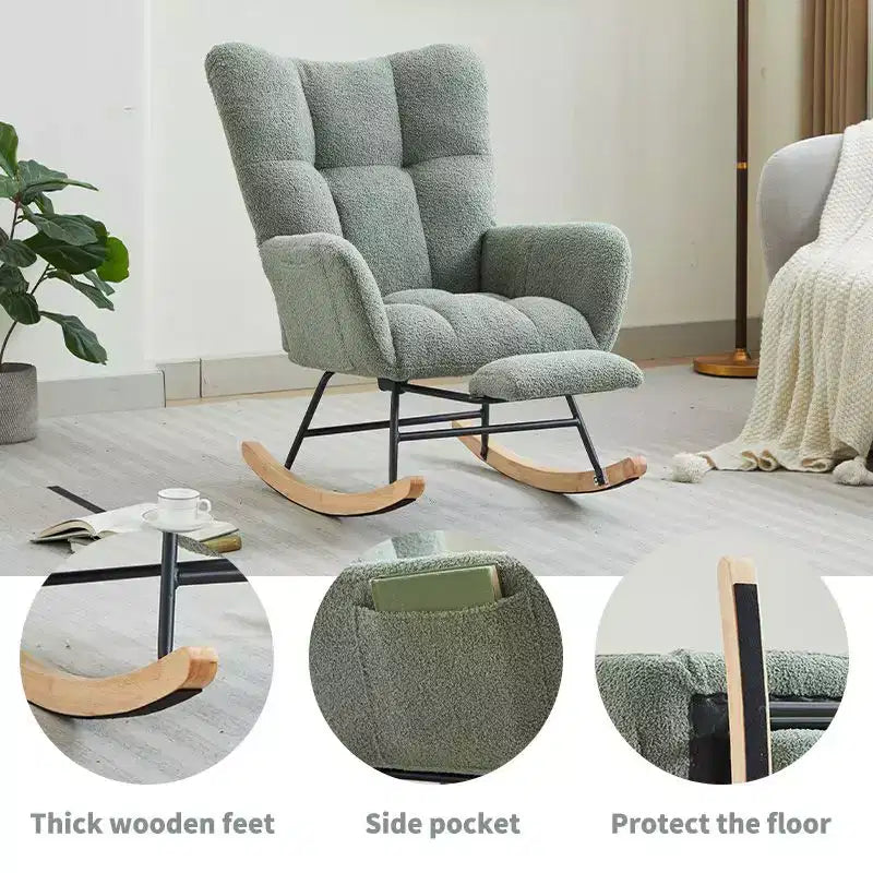 Sillón tapizado Furry Glider con reposapiés, respaldo alto, 1 plaza – Beige / Gris oscuro / Verde oscuro / Verde / Blanco